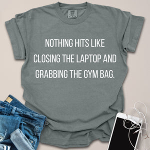 Closing Laptop & Grabbing Gym Bag Shirt