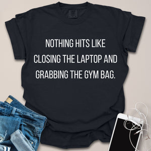 Closing Laptop & Grabbing Gym Bag Shirt