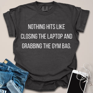 Closing Laptop & Grabbing Gym Bag Shirt