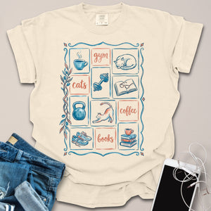 Cats Gym Books Coffee Hand-drawn Mediterranean Grid Shirt