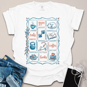 Cats Gym Books Coffee Hand-drawn Mediterranean Grid Shirt