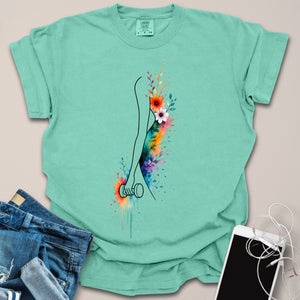 Female Holding Dumbbell Silhouette Floral Shirt